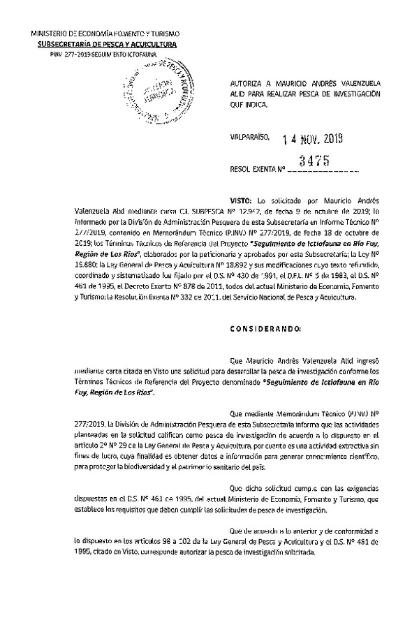 Res. Ex. N° 3475-2019 seguimiento de íctofauna.