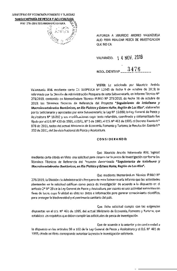 Res. Ex. N° 3476-2019 seguimiento de íctofauna.