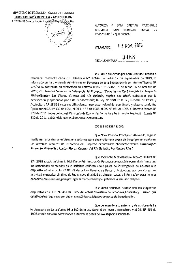 Res. Ex. N° 3488-2019 Caracterización limnológica, Región de Los Ríos.