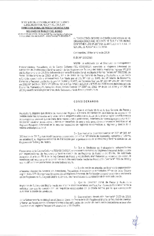 Res. Ex. N° 159-2019 (DZP VIII) Autoriza cesión Anchoveta y sardina común Regiones de Ñuble y del Biobío.