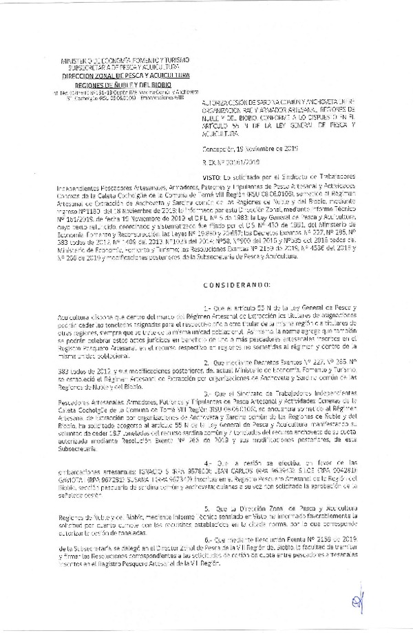 Res. Ex. N° 161-2019 (DZP VIII) Autoriza cesión Anchoveta y sardina común Regiones de Ñuble y del Biobío.