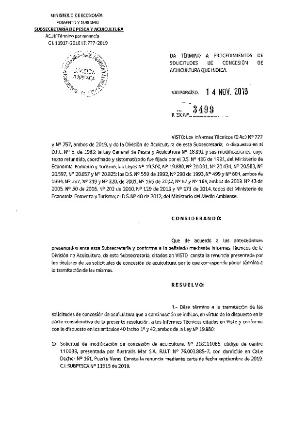 Res. Ex. N° 3499-2019 Da término a procedimientos de solicitudes de concesión de acuicultura que indica.