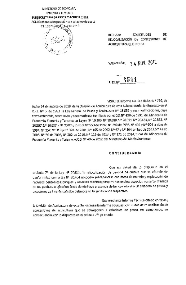 Res. Ex. N° 3511-2019 Rechaza solicitudes de relocalización de concesiones de acuicultura que indica.