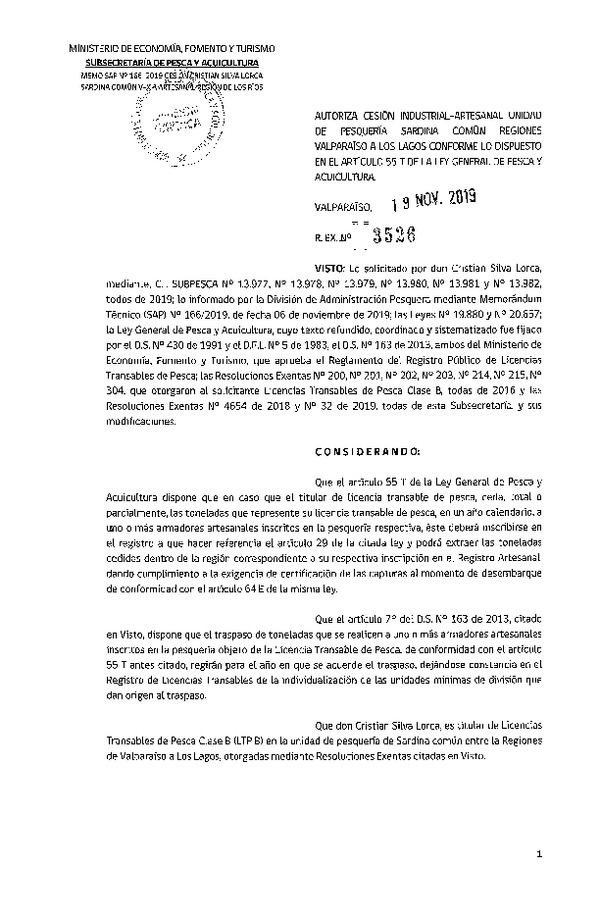 Res. Ex. N° 3526-2019 Autoriza cesión pesquería sardina común, Regiones Valparaíso a Los Lagos.