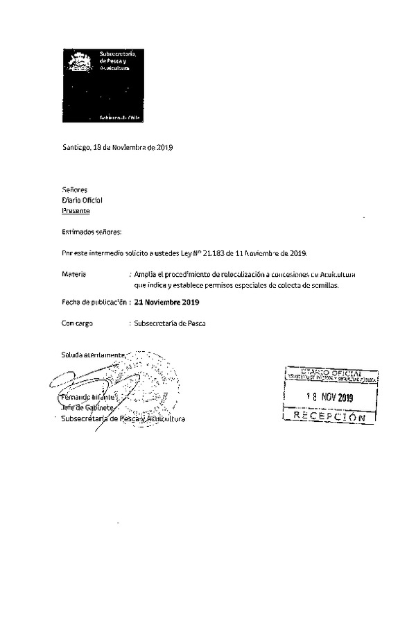 Ley N° 21.183 Amplía el Procedimiento de Relocalización a Concesiones de Acuicultura que Indica y Establece Permisos Especiales de Colecta de Semillas. (F.D.O 21-11-2019)