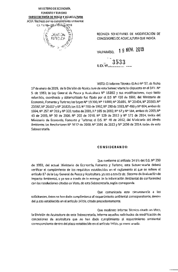 Res. Ex. N° 3533-2019 Rechaza solicitudes de modificación de concesiones de acuicultura que indica.