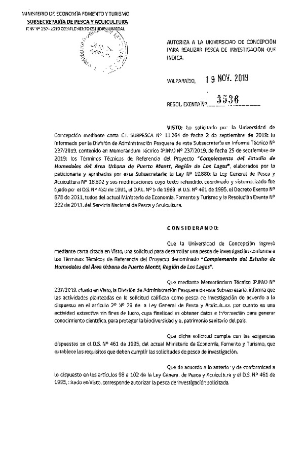Res. Ex. N° 3536-2019 Complemento del estudio de humedales, Región de Los Lagos.