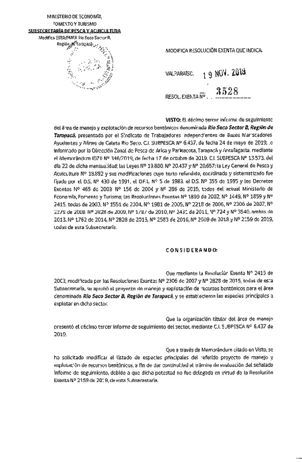 Res. Ex. N° 3528-2019 Modifica Res. Ex. N° 2415-2003.