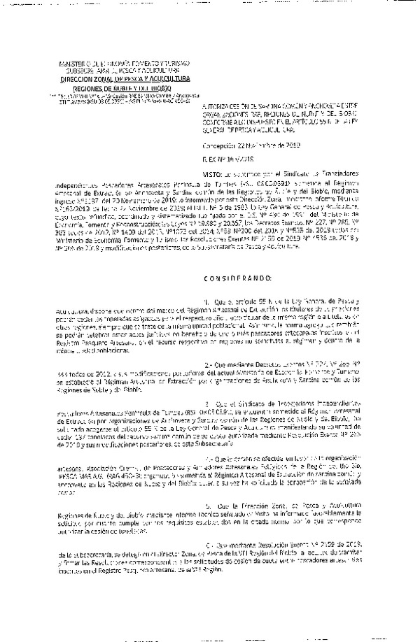 Res. Ex. N° 163-2019 (DZP VIII) Autoriza cesión Anchoveta y sardina común Regiones de Ñuble y del Biobío.