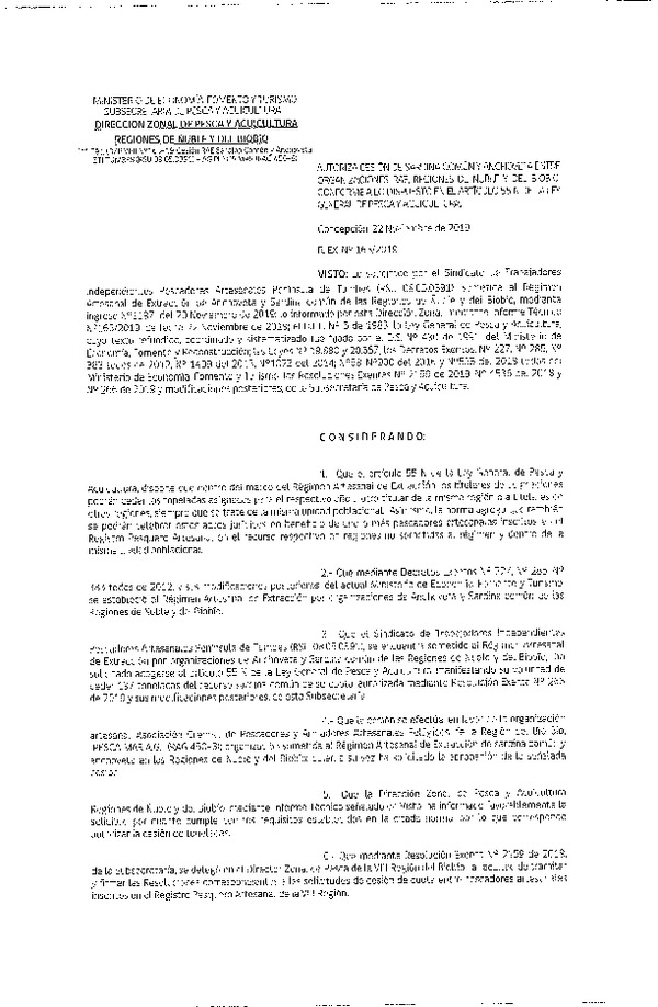 Res. Ex. N° 163-2019 (DZP VIII) Autoriza cesión Anchoveta y sardina común Regiones de Ñuble y del Biobío.