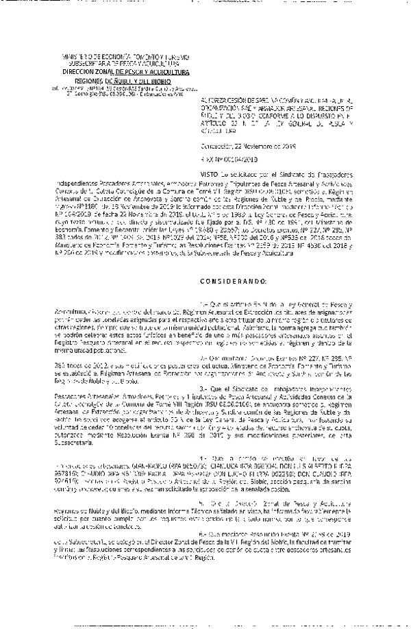 Res. Ex. N° 164-2019 (DZP VIII) Autoriza cesión Anchoveta y sardina común Regiones de Ñuble y del Biobío.