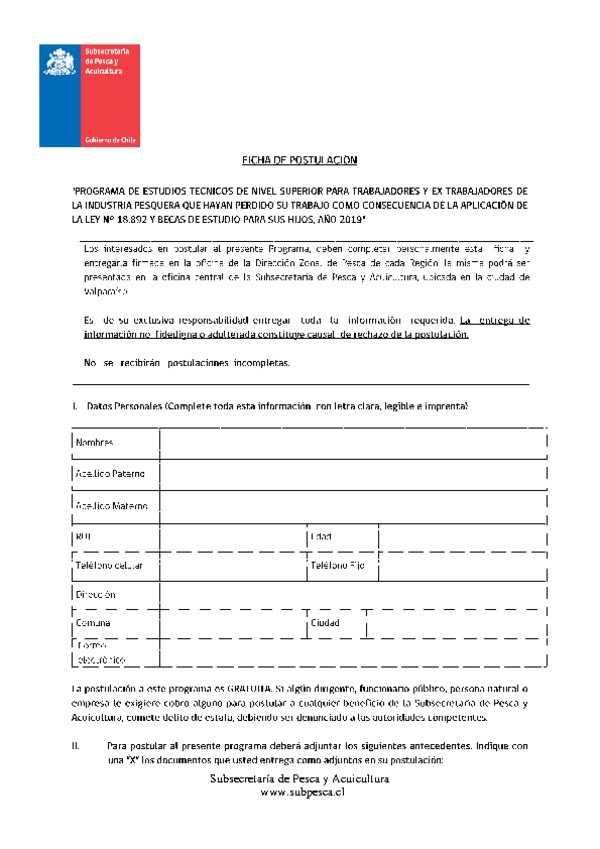 Ficha de postulación al Programa de Estudios Técnicos de Nivel Superior, año 2019 (Res. Ex. N°3820-2018)