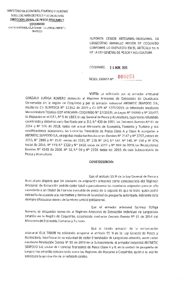 Res. Ex. N° 53-2019 (DZP Atacama y Coquimbo) Autoriza Cesión Langostino Amarillo.