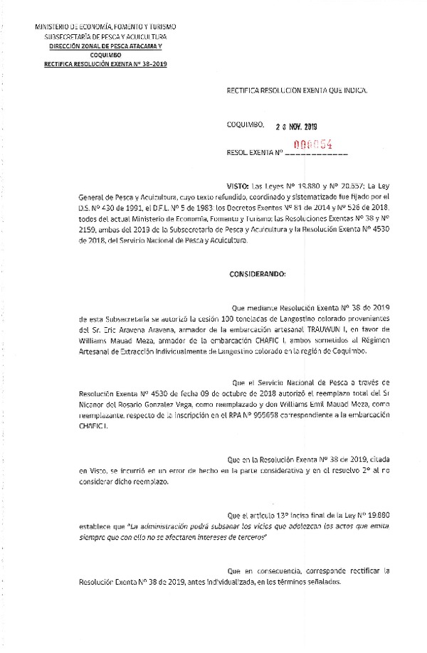 Res. Ex. N° 54-2019 Rectifica Res. Ex. N° 38-2019 (DZP Atacama y Coquimbo) Autoriza Cesión Langostino Colorado, Región de Coquimbo.