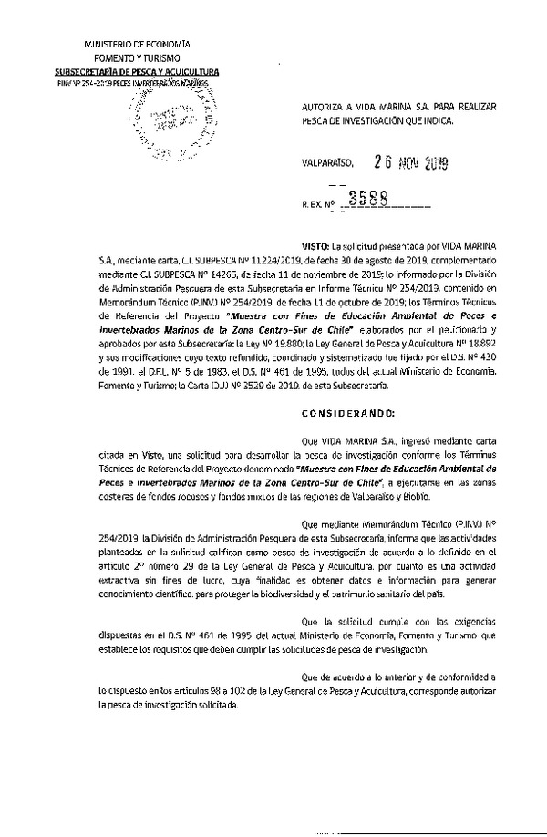 Res. Ex. N° 3588-2019 Muestra con fines de educación ambiental.