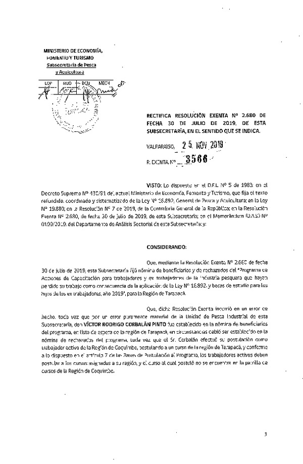 Res. EX. N° 3566-2019 Rectifica Res. Ex. N° 2680-2019 Programa de capacitación.