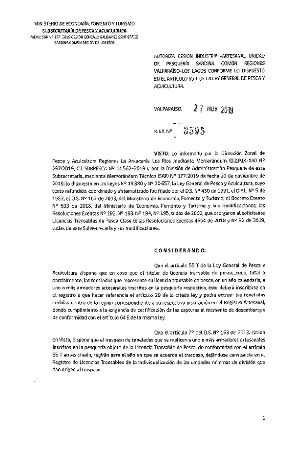 Res. Ex. N° 3595-2019 Autoriza cesión pesquería sardina común, Regiones Valparaíso a Los Lagos.