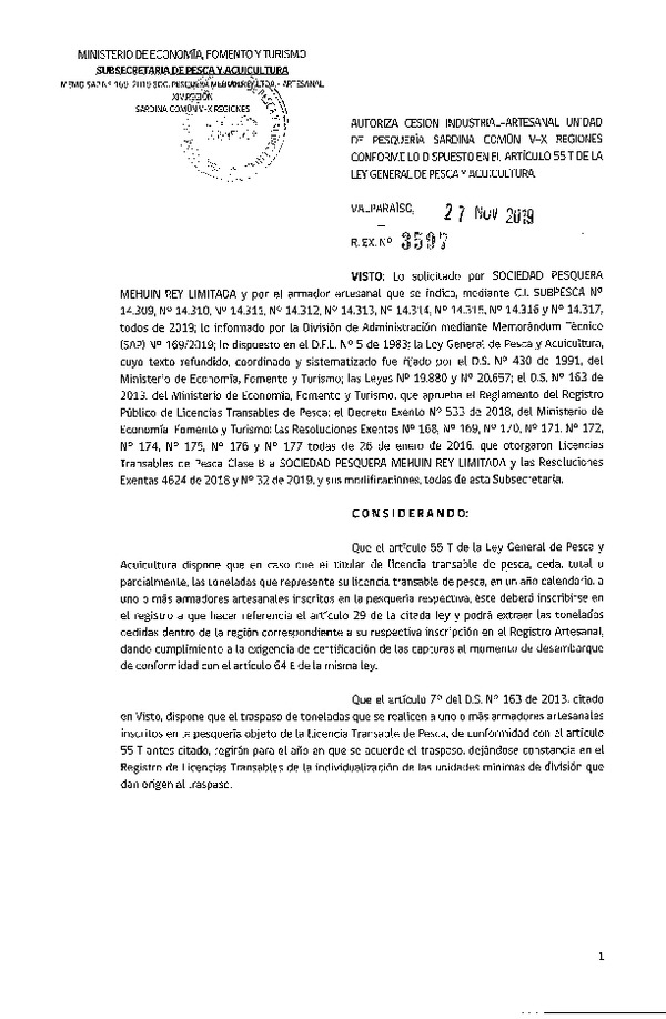 Res. Ex. N° 3597-2019 Autoriza cesión pesquería sardina común, Regiones Valparaíso a Los Lagos.