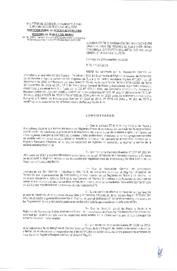 Res. Ex. N° 167-2019 (DZP de Ñuble y del Biobío ) Autoriza cesión Sardina común.