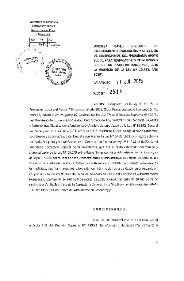 Res. Ex. N° 2518-2019 Aprueba Bases Generales de Procedimiento, Evaluación y Selección de Beneficiarios del Programa Apoyo Social Para Trabajadores Desplazados del Sector Pesquero Industrial, Bajo la Vigencia de la Ley N° 19.713, Año 2019.