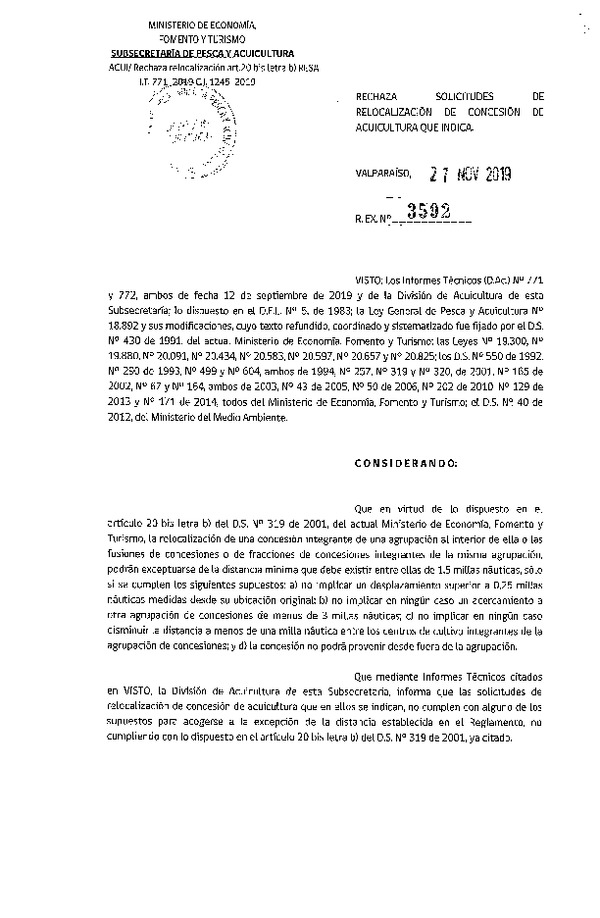 Res. Ex. N° 3592-2019 Rechaza solicitudes de relocalización de concesiones de acuicultura que indica.