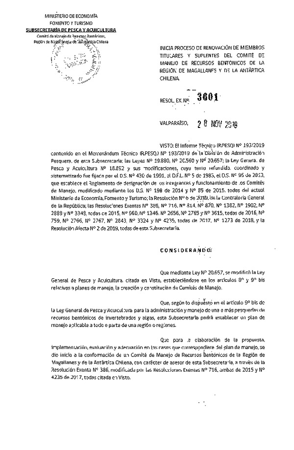 Res. Ex. N° 3601-2019 Inicia Proceso de Renovación de Miembros Titulares y Suplentes, del Comité de manejo de Recursos Bentónicos de la Región de Magallanes y de la Antártica Chilena. (Con Informe Técnico)(Publicado en Página Web 28-11-2019) (F.D.O. 05-12-2019)