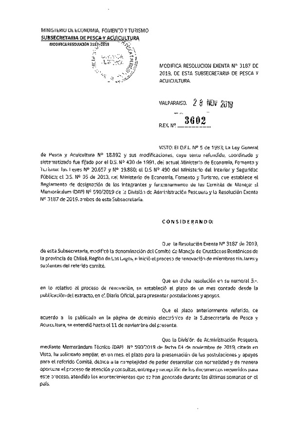 Res. Ex. N° 3602-2019 Modifica Res. Ex. N° 3187-2019 Modifica Denominación de Comité de Manejo de Crustáceos Bentónicos de la Provincia de Chiloé. (Con Informe Técnico) (Publicado Página Web 28-11-2019) (F.D.O. 05-12-2019)