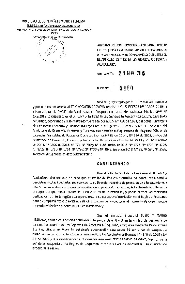 Res. Ex. N° 3600-2019 Autoriza cesión Langostino Amarillo Regiones de Atacama a Coquimbo.