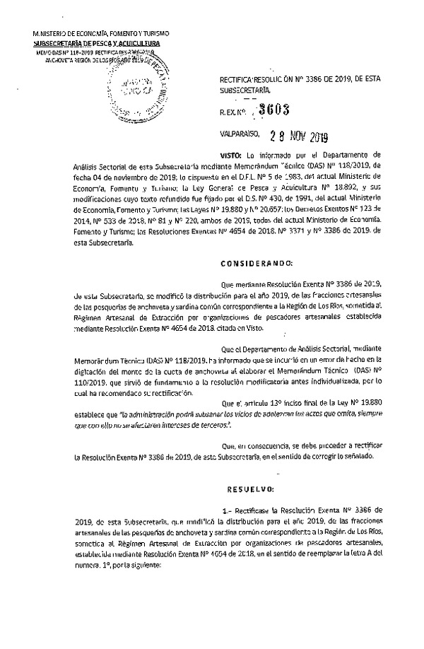 Res. Ex. N° 3603-2019 Rectifica Res. Ex. N° 3386-2019 que Modificó Res. Ex. N° 4654-2018 Distribución de la fracción artesanal de pesquería de Anchoveta y sardina común, Región de Los Ríos, año 2019. (Publicado en Página Web 28-11-2019) (F.D.O. 05-12-2019)