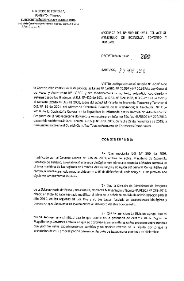 Dec. Ex. N° 269-2019 Modifica D.S. N° 509-1991, Veda Biológica Recurso Centolla, Regiones de Los Ríos a Los Lagos. (Publicado en Página Web 02-12-2019) (F.D.O. 05-12-2019)