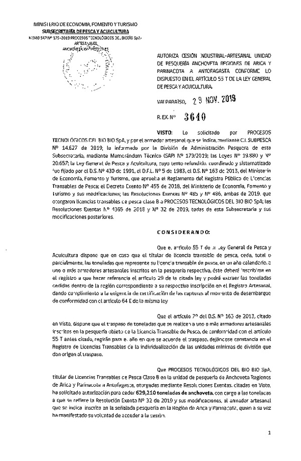 Res. Ex. N° 3640-2019 Autoriza cesión pesquería Anchoveta, Regiones de Arica y Parinacota a Antofagasta.
