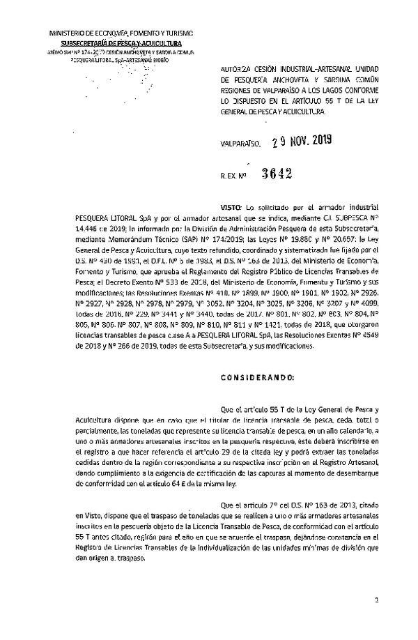 Res. Ex. N° 3642-2019 Autoriza cesión pesquería sardina común, Regiones Valparaíso a Los Lagos.