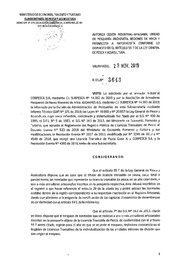 Res. Ex. N° 3643-2019 Autoriza cesión pesquería Anchoveta, Regiones de Arica y Parinacota a Antofagasta.