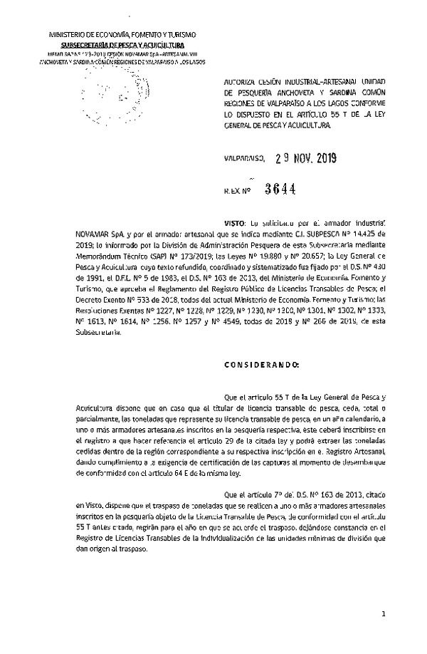 Res. Ex. N° 3644-2019 Autoriza cesión pesquería anchoveta y sardina común, Regiones Valparaíso a Los Lagos.