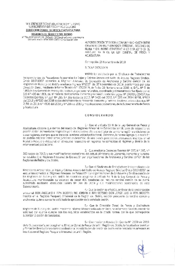 Res. Ex. N° 170-2019 (DZP de Ñuble y del Biobío ) Autoriza cesión Sardina común y Anchoveta.