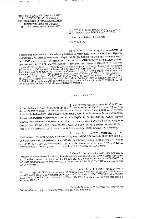 Res. Ex. N° 172-2019 Modifica Res. Ex. N° 120-2019 (DZP VIII) Autoriza cesión Anchoveta y sardina común Regiones de Ñuble y del Biobío.
