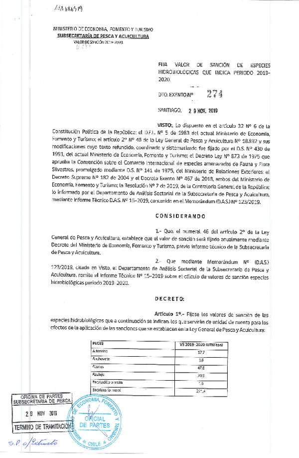 Dec. Ex. Nº 274-2019 Fija Valor de Sanción de Especies hidrobiológicas que indica, Período 2019-2020. (Publicado en Página Web 02-12-2019) (F.D.O. 06-12-2019)