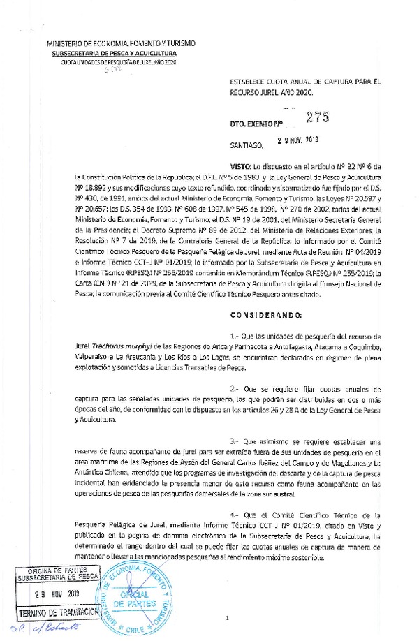 Dec. Ex. N° 275-2019 Establece Cuota Anual de Captura Recurso Jurel, desde la Región de Arica y Parinacota hasta la Región de Los Lagos, Año 2020. (Publicado en Página Web 02-12-2019) (F.D.O. 06-12-2019)