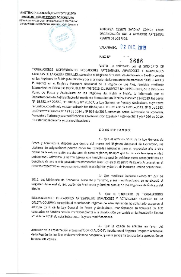 Res. Ex. N° 3666-2019 Autoriza cesión sardina común Región de Los Ríos.