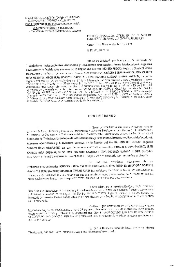 Res. Ex. N° 178-2019 Modifica Res. Ex. N° 108-2019 (DZP VIII) Autoriza cesión Merluza común Regiones de Ñuble y del Biobío.