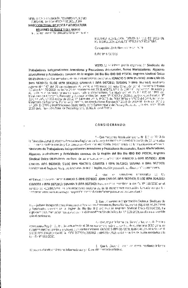Res. Ex. N° 179-2019 Modifica Res. Ex. N° 111-2019 (DZP VIII) Autoriza cesión Merluza común Regiones de Ñuble y del Biobío.