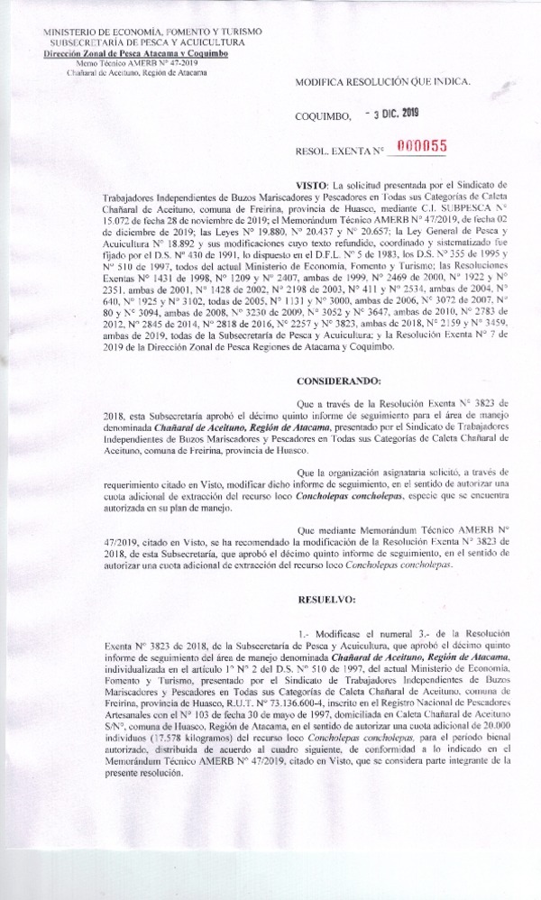 Res. Ex. N° 55-2019 (DZP Región de Atacama y Coquimbo) Modifica Res. Ex, N° 3823-2018.