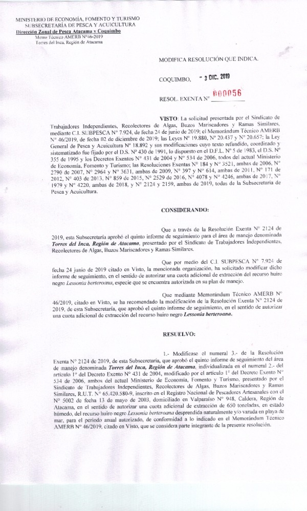 Res. Ex. N° 56-2019 (DZP Región de Atacama y Coquimbo) Modifica Res. Ex, N° 2124-2019.