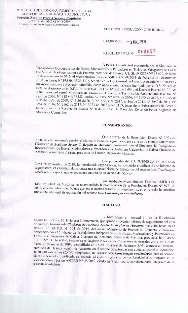 Res. Ex. N° 57-2019 (DZP Región de Atacama y Coquimbo) Modifica Res. Ex. N° 3973-2018.