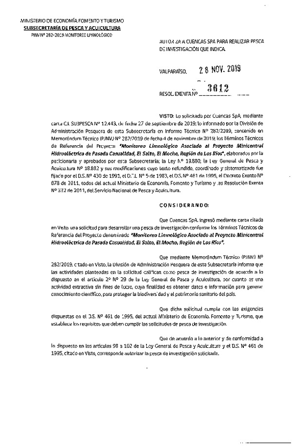 Res. Ex. N° 3612-2019 Monitoreo limnológico, Región de Los Ríos.