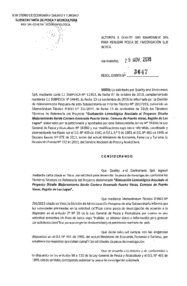 Res. Ex. N° 3647-2019 Evaluación limnológica, Región de Los Lagos.