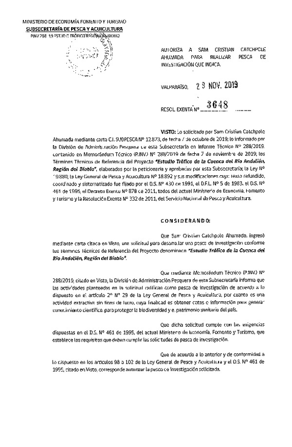 Res. Ex. N° 3648-2019 Estudio trófico de la cuenca del Río Andalién, Región del Biobío.