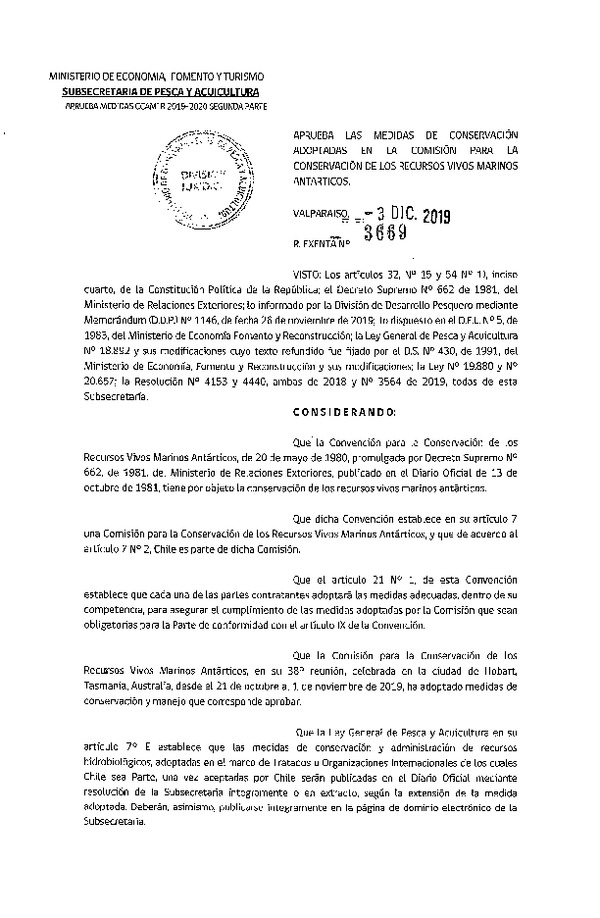 Res. Ex. N° 3669-2019 Aprueba las Medidas de Conservación Adoptadas en la Comisión Para la Conservación de los Recursos Vivos Marinos Antárticos. (Publicado en Página Web 05-12-2019)(F.D.O. 14-12-2019)
