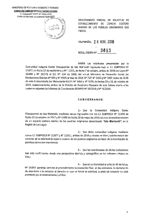 Res. Ex. N° 3613-2019 Desistimiento parcial de solicitud de establecimiento de ECMPO.