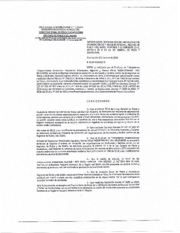 Res. Ex. N° 180-2019 (DZP Región de Ñuble y del Biobío)) Autoriza cesión Anchoveta y sardina común Regiones de Ñuble y del Biobío.